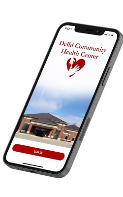 Smartphone with the app, "DCHC Virtual" on the screen